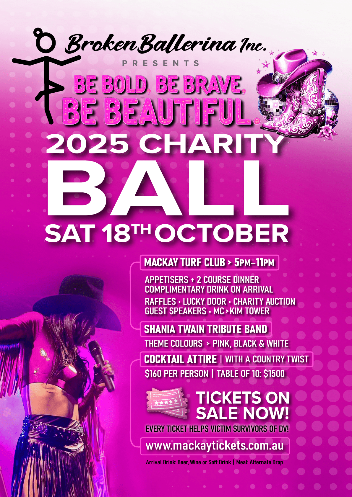 Bright pink flyer advertising the 2025 Charity Ball for Broken Ballerina, 18th October, Mackay
